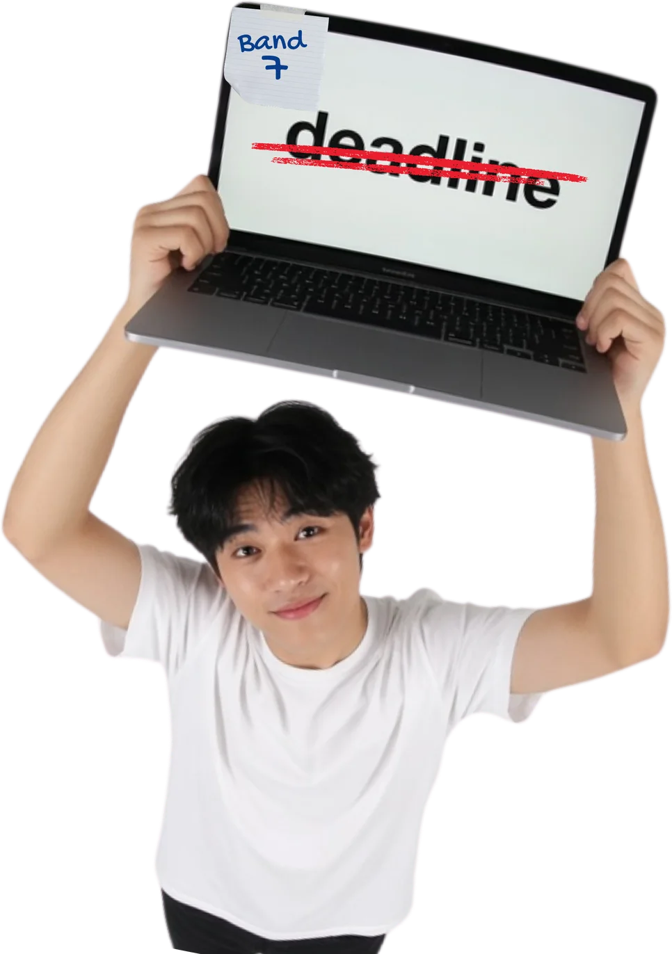 นักเรียนชายชูแล็ปท็อปที่ขีดฆ่าคำว่า deadline ได้ Band 7